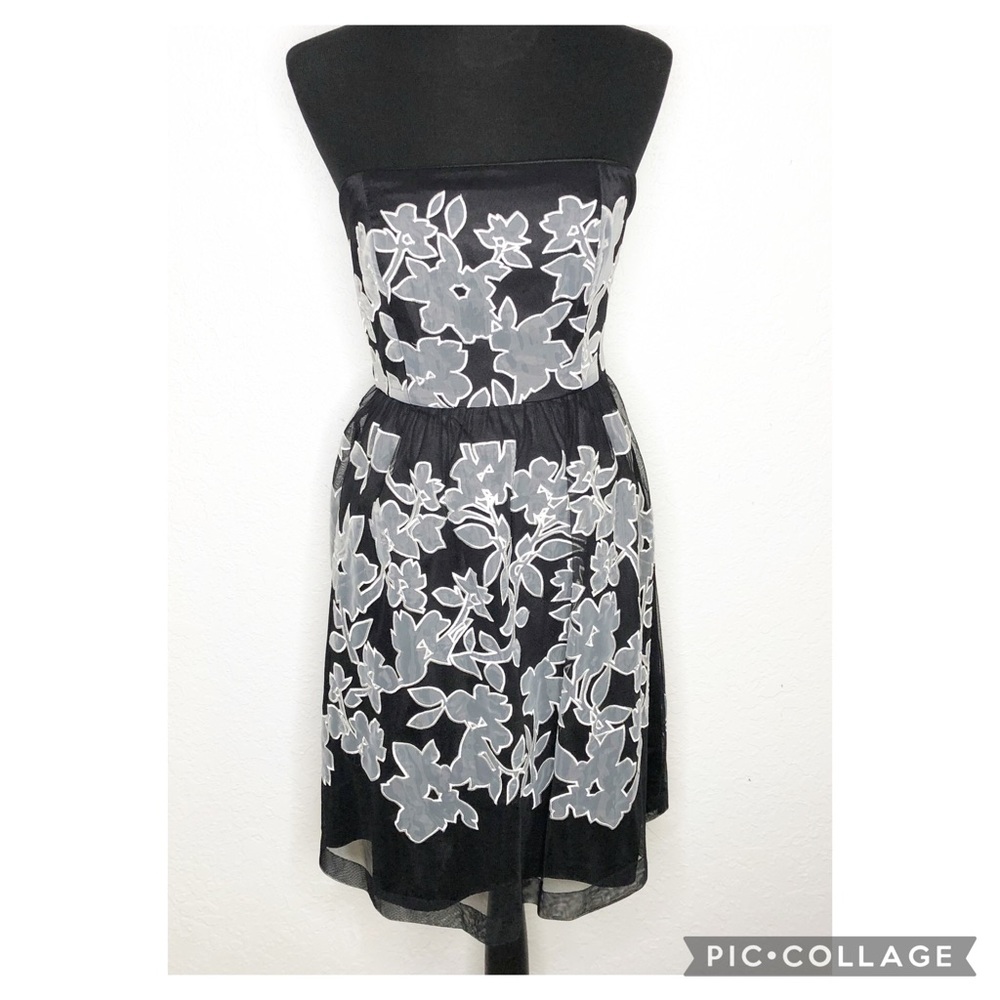 WHBM black gray floral applique strapless dress size 4 NWT